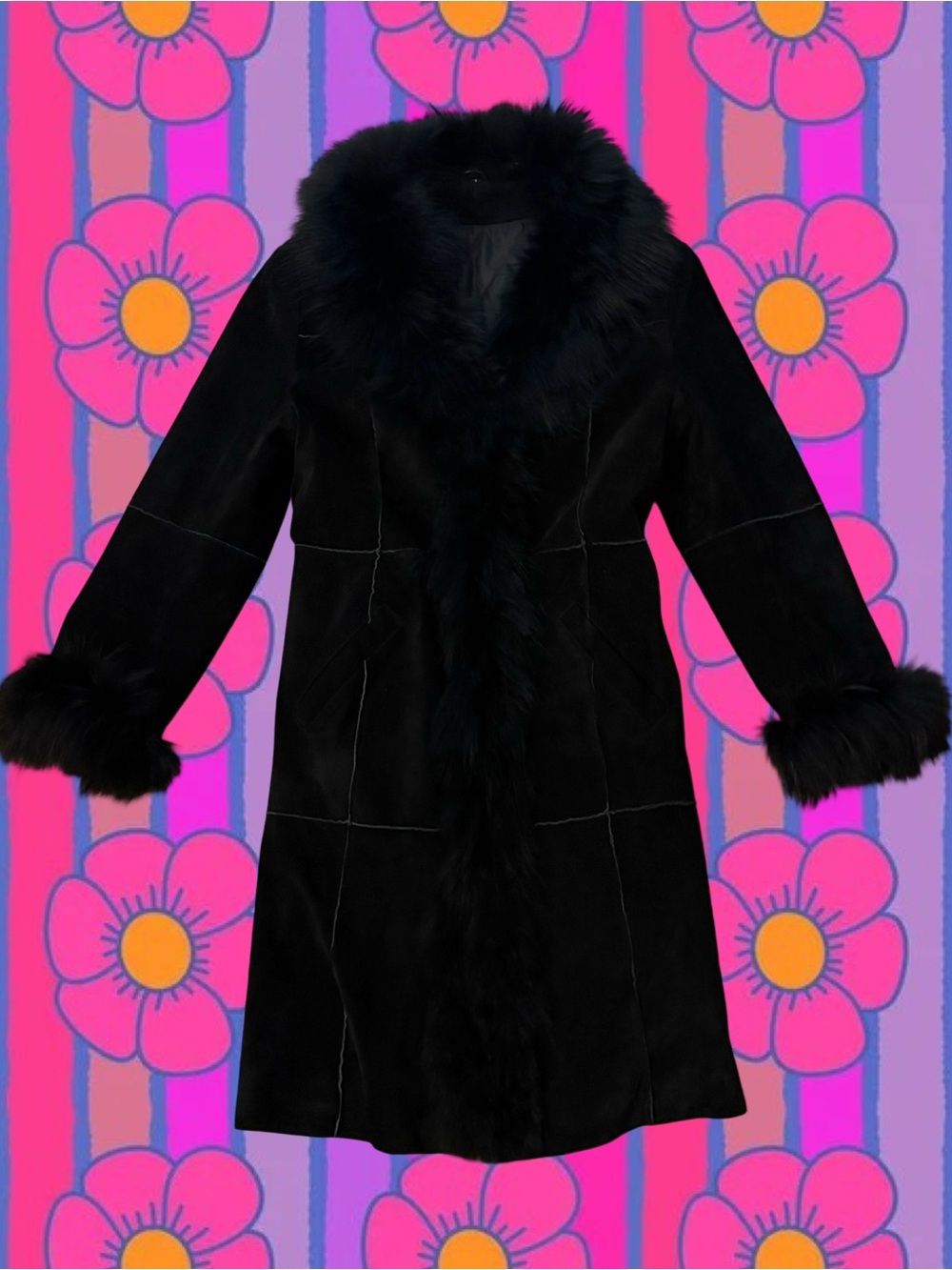 Vintage Black Faux Fur-Trimmed Penny-Lane Coat